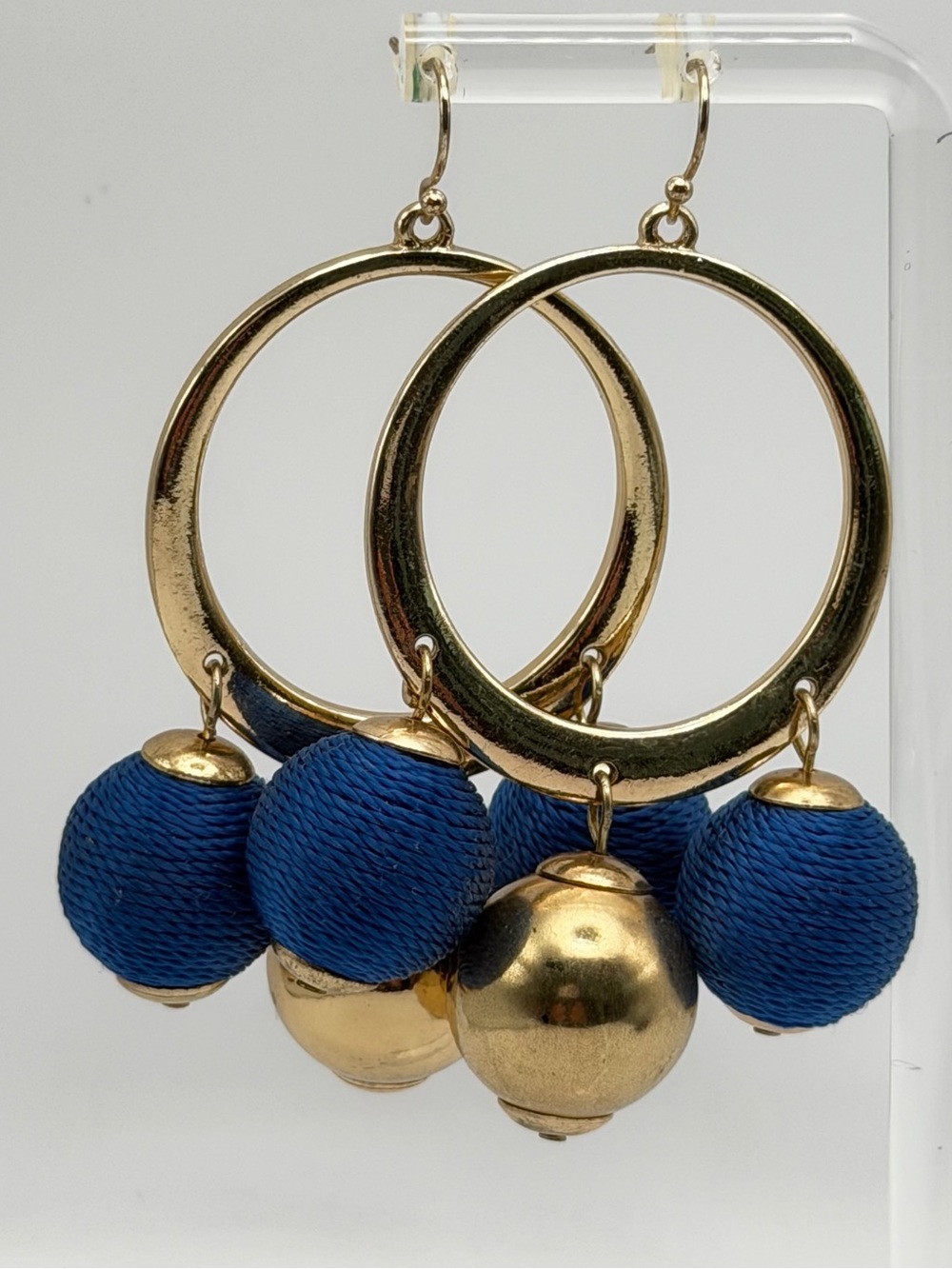 Gold Tone Hoop Dangle Earrings Blue Thread Wrapped Beads Boho Statement Jewelry